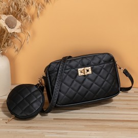 Classic Solid Color Square Shoulder Bag, Trendy Aryle Pattern Crossbody Wallet With Mini Round Pouch