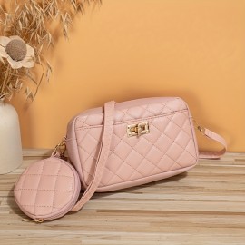 Classic Solid Color Square Shoulder Bag, Trendy Aryle Pattern Crossbody Wallet With Mini Round Pouch