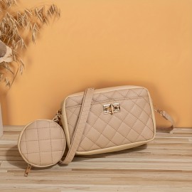 Classic Solid Color Square Shoulder Bag, Trendy Aryle Pattern Crossbody Wallet With Mini Round Pouch