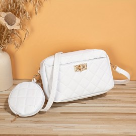 Classic Solid Color Square Shoulder Bag, Trendy Aryle Pattern Crossbody Wallet With Mini Round Pouch