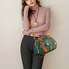 Vintage Studded Decor Shoulder Bag, Women's Multi Pocket Hobo Purse, Faux Leather Crossbody Bag