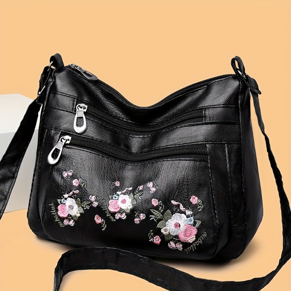 Embroidered Flower Crossbody Bag, Soft PU Leather Purses, Fashion Shoulder Bag For Middle-aged And Elderly Women