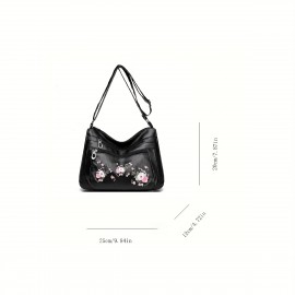 Embroidered Flower Crossbody Bag, Soft PU Leather Purses, Fashion Shoulder Bag For Middle-aged And Elderly Women