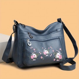 Embroidered Flower Crossbody Bag, Soft PU Leather Purses, Fashion Shoulder Bag For Middle-aged And Elderly Women