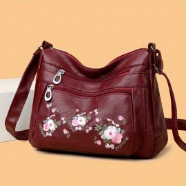 Embroidered Flower Crossbody Bag, Soft PU Leather Purses, Fashion Shoulder Bag For Middle-aged And Elderly Women