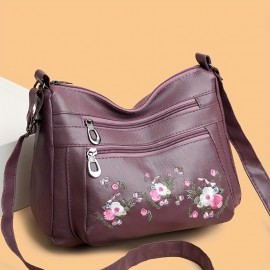 Embroidered Flower Crossbody Bag, Soft PU Leather Purses, Fashion Shoulder Bag For Middle-aged And Elderly Women