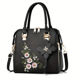 Floral Detail Shoulder Bag, Trendy Zipper Handbag For Work, Casual Crossbody Bag, Women's Floral Decor Purse