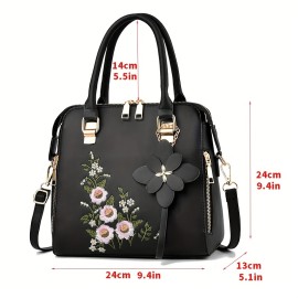 Floral Detail Shoulder Bag, Trendy Zipper Handbag For Work, Casual Crossbody Bag, Women's Floral Decor Purse