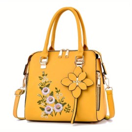 Floral Detail Shoulder Bag, Trendy Zipper Handbag For Work, Casual Crossbody Bag, Women's Floral Decor Purse