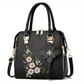 Floral Detail Shoulder Bag, Trendy Zipper Handbag For Work, Casual Crossbody Bag, Women's Floral Decor Purse