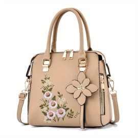 Floral Detail Shoulder Bag, Trendy Zipper Handbag For Work, Casual Crossbody Bag, Women's Floral Decor Purse