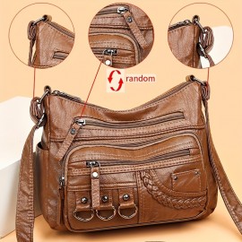 Braid Detail Crossbody Bag, Fashion Metal Decor Shoulder Bag, Women's Soft Faux Leather Purse With Multi Zipper