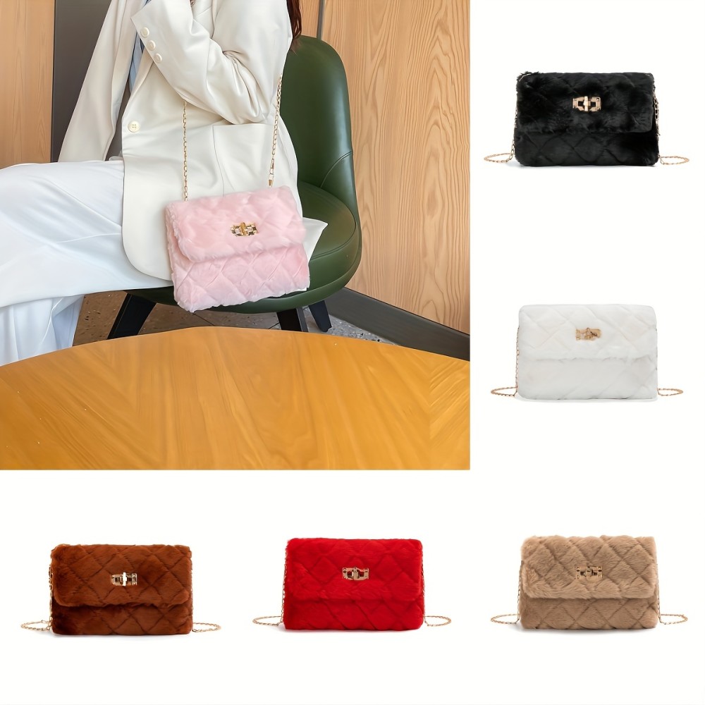 Solid Color Shoulder Square Plush Bag, Minimalist Turn-Lock Chain Bag, All-Match Purse For Shopping