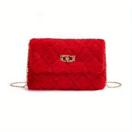 Solid Color Shoulder Square Plush Bag, Minimalist Turn-Lock Chain Bag, All-Match Purse For Shopping