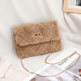 Solid Color Shoulder Square Plush Bag, Minimalist Turn-Lock Chain Bag, All-Match Purse For Shopping