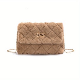 Solid Color Shoulder Square Plush Bag, Minimalist Turn-Lock Chain Bag, All-Match Purse For Shopping