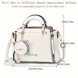 Cat Pendant Satchel Crossbody Bag, PU Leather Textured Bag Purse, Classic Fashion Versatile Shoulder Bag