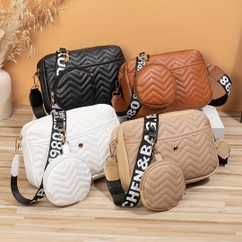 Stylish Polylines Quilted Crossbody Bag, Solid Color Square Shoulder Bag With Round Coin Bag, Perfect Sling Bag For Everyday Use