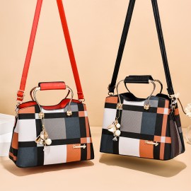 Women's Colorblock Plaid Pattern Pendant Decor Shoulder Bag, Crossbody Bag, Handbag