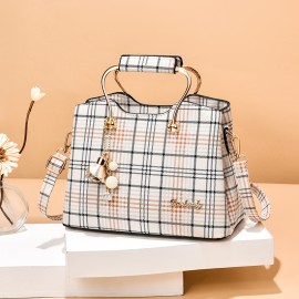 Women's Colorblock Plaid Pattern Pendant Decor Shoulder Bag, Crossbody Bag, Handbag