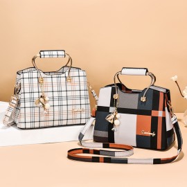 Women's Colorblock Plaid Pattern Pendant Decor Shoulder Bag, Crossbody Bag, Handbag