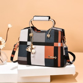 Women's Colorblock Plaid Pattern Pendant Decor Shoulder Bag, Crossbody Bag, Handbag