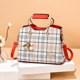 Women's Colorblock Plaid Pattern Pendant Decor Shoulder Bag, Crossbody Bag, Handbag