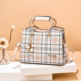 Women's Colorblock Plaid Pattern Pendant Decor Shoulder Bag, Crossbody Bag, Handbag