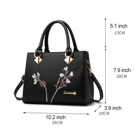 Floral Embroidery Handbag, Trendy Faux Leather Satchel Bag, Women's Office & Work Purse