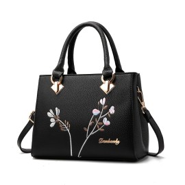 Floral Embroidery Handbag, Trendy Faux Leather Satchel Bag, Women's Office & Work Purse