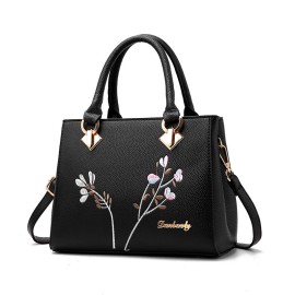 Floral Embroidery Handbag, Trendy Faux Leather Satchel Bag, Women's Office & Work Purse