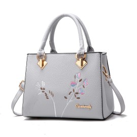 Floral Embroidery Handbag, Trendy Faux Leather Satchel Bag, Women's Office & Work Purse