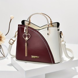 Metal Handle Heart Pendant Satchel Crossbody Bag, PU Leather Textured Bag Purse, Classic Versatile Fashion Shoulder Bag