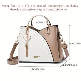 Metal Handle Heart Pendant Satchel Crossbody Bag, PU Leather Textured Bag Purse, Classic Versatile Fashion Shoulder Bag