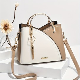 Metal Handle Heart Pendant Satchel Crossbody Bag, PU Leather Textured Bag Purse, Classic Versatile Fashion Shoulder Bag