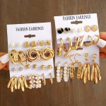 10/12 Pairs Set Of Hoop Earrings Vintage Simple Style Alloy Jewelry For Women Girls Hollow Imitation Pearl Love Rhinestone Design