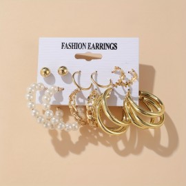 10/12 Pairs Set Of Hoop Earrings Vintage Simple Style Alloy Jewelry For Women Girls Hollow Imitation Pearl Love Rhinestone Design