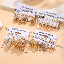 10/12 Pairs Set Of Hoop Earrings Vintage Simple Style Alloy Jewelry For Women Girls Hollow Imitation Pearl Love Rhinestone Design