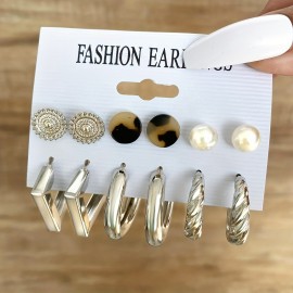 10/12 Pairs Set Of Hoop Earrings Vintage Simple Style Alloy Jewelry For Women Girls Hollow Imitation Pearl Love Rhinestone Design