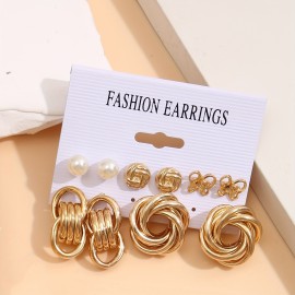 10/12 Pairs Set Of Hoop Earrings Vintage Simple Style Alloy Jewelry For Women Girls Hollow Imitation Pearl Love Rhinestone Design