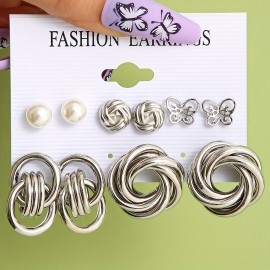 10/12 Pairs Set Of Hoop Earrings Vintage Simple Style Alloy Jewelry For Women Girls Hollow Imitation Pearl Love Rhinestone Design