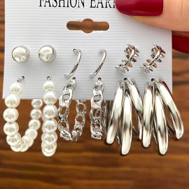 10/12 Pairs Set Of Hoop Earrings Vintage Simple Style Alloy Jewelry For Women Girls Hollow Imitation Pearl Love Rhinestone Design