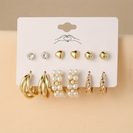 10/12 Pairs Set Of Hoop Earrings Vintage Simple Style Alloy Jewelry For Women Girls Hollow Imitation Pearl Love Rhinestone Design