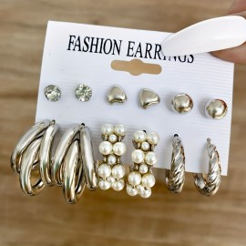 10/12 Pairs Set Of Hoop Earrings Vintage Simple Style Alloy Jewelry For Women Girls Hollow Imitation Pearl Love Rhinestone Design