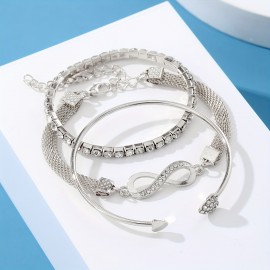 3pcs Women's Crystal Snake Chain Infinity Shaped Bracelet Set