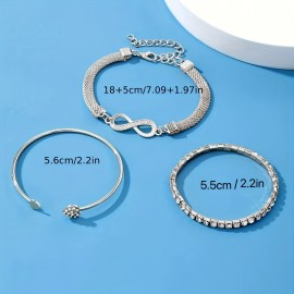 3pcs Women's Crystal Snake Chain Infinity Shaped Bracelet Set