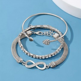 3pcs Women's Crystal Snake Chain Infinity Shaped Bracelet Set