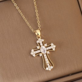 Light Luxury Zircon Cross Pendant Necklace Charm Elegant Clavicle Chain Jewelry Accessories For Women Girls Gift