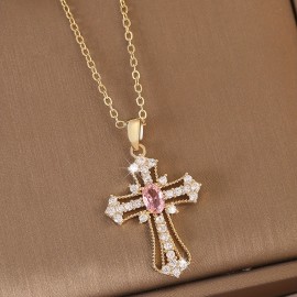 Light Luxury Zircon Cross Pendant Necklace Charm Elegant Clavicle Chain Jewelry Accessories For Women Girls Gift