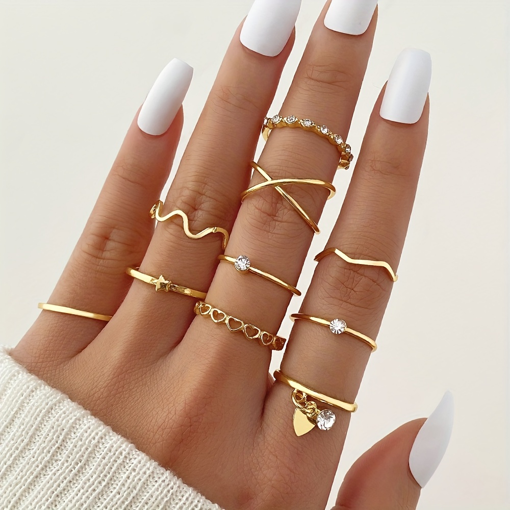 10pcs Y2k Ring Set Trendy Heart Star Wave Pattern Vintage Jewelry For Girl's Daily Outfits Mix And Match For Various Scenes